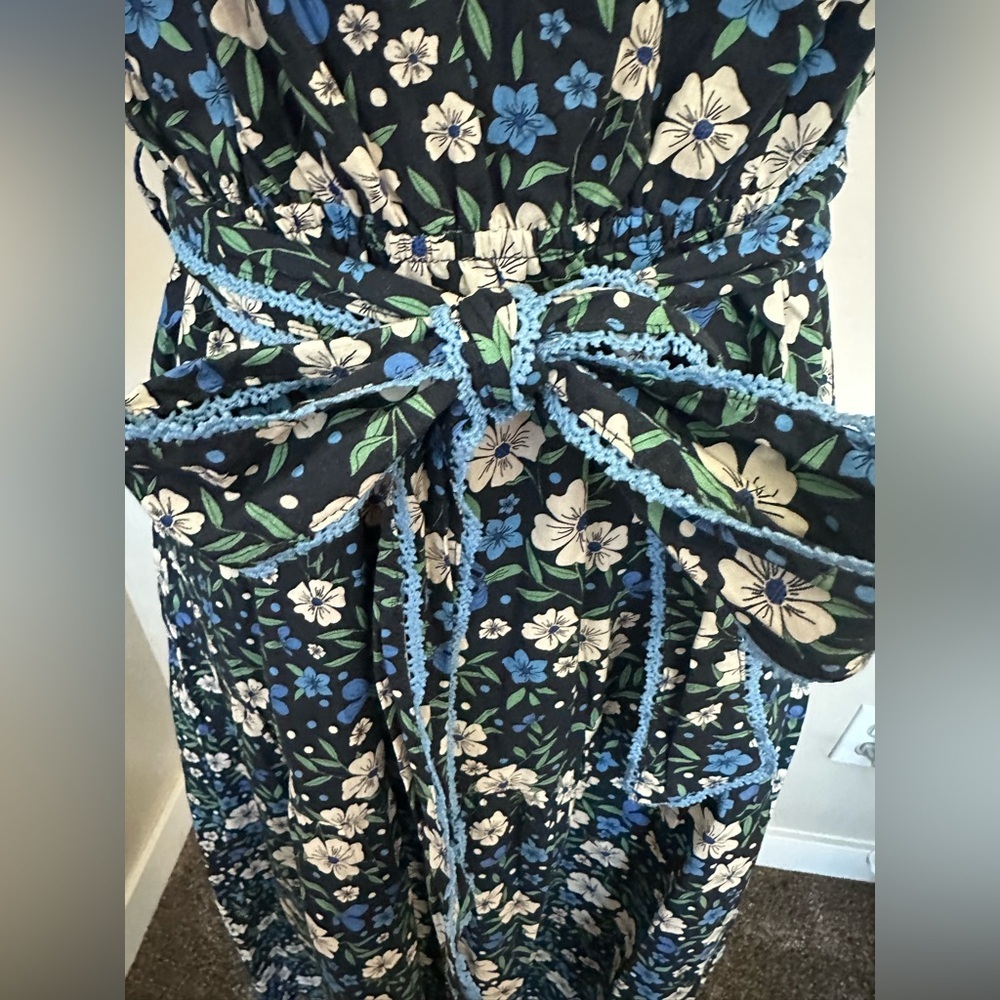 &merci Navy Blue Floral V-Neck Puff Sleeve Midi Dress Size Small - Picture 8 of 10